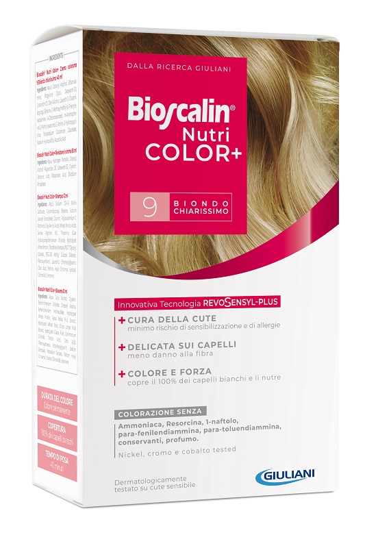 BIOSCALIN NUTRICOLOR PLUS 9 BIONDO CHIARISSIMO CREMA COLORANTE 40 ML + RIVELATORE CREMA 60 ML + SHAMPOO 12 ML + TRATTAMENTO FINALE BALSAMO 12 ML - Farmacia Del Monaco