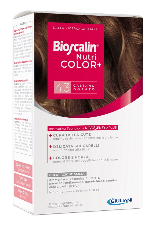 BIOSCALIN NUTRICOLOR PLUS 4,3 CASTANO DORATO CREMA COLORANTE 40 ML + RIVELATORE CREMA 60 ML + SHAMPOO 12 ML + TRATTAMENTO FINALE BALSAMO 12 ML - Farmacia Del Monaco