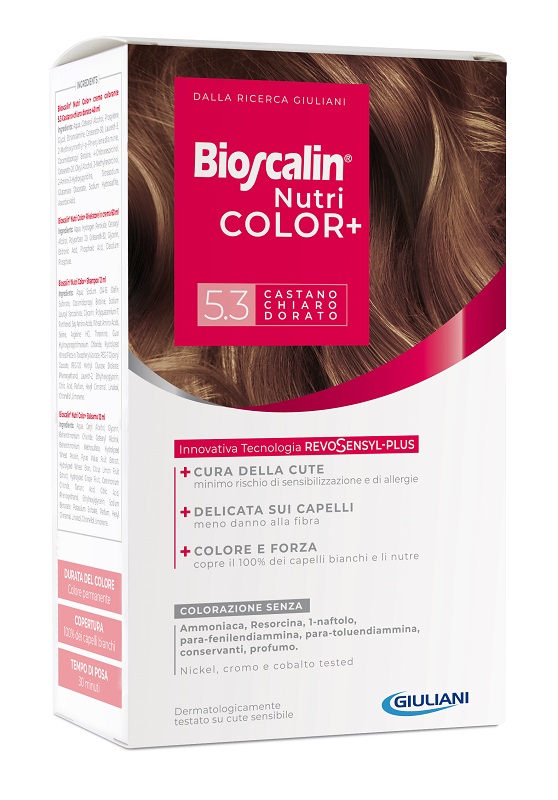 BIOSCALIN NUTRICOLOR PLUS 5,3 CASTANO CHIARO DORATO CREMA COLORANTE 40 ML + RIVELATORE CREMA 60 ML + SHAMPOO 12 ML + TRATTAMENTO FINALE BALSAMO 12 ML - Farmacia Del Monaco