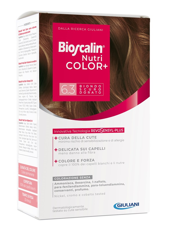 BIOSCALIN NUTRICOLOR PLUS 6,3 BIONDO SCURO DORATO CREMA COLORANTE 40 ML + RIVELATORE CREMA 60 ML + SHAMPOO 12 ML + TRATTAMENTO FINALE BALSAMO 12 ML - Farmacia Del Monaco