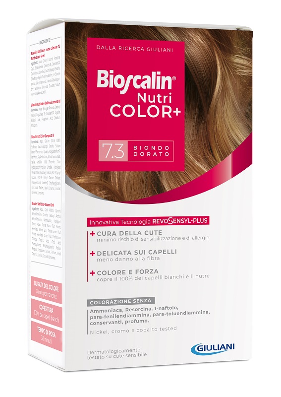 BIOSCALIN NUTRICOLOR PLUS 7,3 BIONDO DORATO CREMA COLORANTE 40 ML + RIVELATORE CREMA 60 ML + SHAMPOO 12 ML + TRATTAMENTO FINALE BALSAMO 12 ML - Farmacia Del Monaco