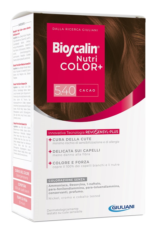 BIOSCALIN NUTRICOLOR PLUS 5,40 CACAO CREMA COLORANTE 40 ML + RIVELATORE CREMA 60 ML + SHAMPOO 12 ML + TRATTAMENTO FINALE BALSAMO 12 ML - Farmacia Del Monaco