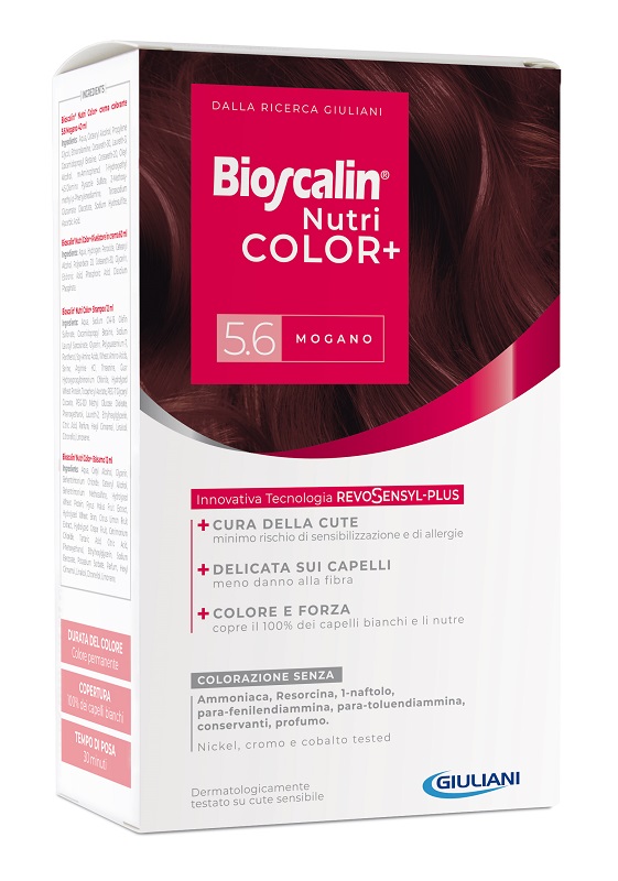 BIOSCALIN NUTRICOLOR PLUS 5,6 MOGANO CREMA COLORANTE 40 ML + RIVELATORE CREMA 60 ML + SHAMPOO 12 ML + TRATTAMENTO FINALE BALSAMO 12 ML - Farmacia Del Monaco