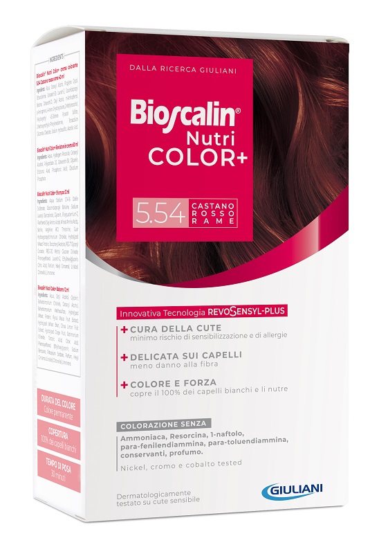 BIOSCALIN NUTRICOLOR PLUS 5,54 CASTANO ROSSO RAME CREMA COLORANTE 40 ML + RIVELATORE CREMA 60 ML + SHAMPOO 12 ML + TRATTAMENTO FINALE BALSAMO 12 ML - Farmacia Del Monaco