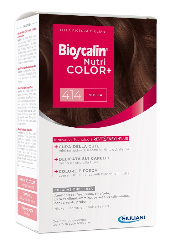 BIOSCALIN NUTRICOLOR PLUS 4,14 MOKA CREMA COLORANTE 40 ML + RIVELATORE CREMA 60 ML + SHAMPOO 12 ML + TRATTAMENTO FINALE BALSAMO 12 ML - Farmacia Del Monaco