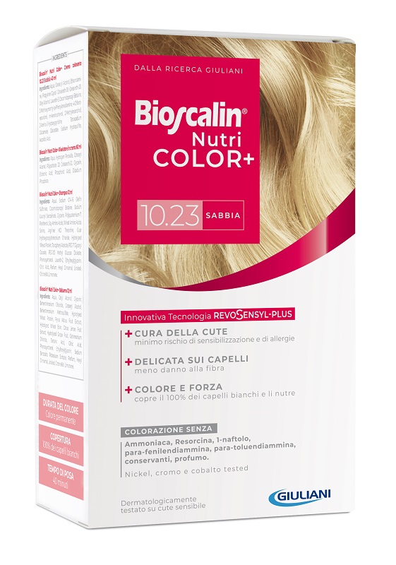 BIOSCALIN NUTRICOLOR PLUS 10,23 SABBIA CREMA COLORANTE 40 ML + RIVELATORE CREMA 60 ML + SHAMPOO 12 ML + TRATTAMENTO FINALE BALSAMO 12 ML - Farmacia Del Monaco