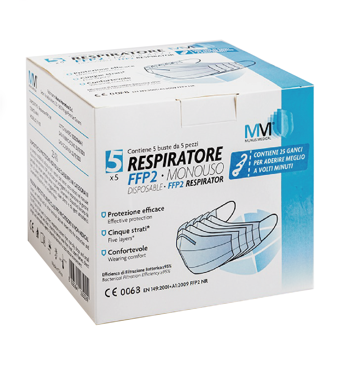 MUNUS MED RESPIRATORE FFP2 CLASSE III + GANCIO ADATTATORE 5 BUSTE DA 5 PEZZI - Farmacia Del Monaco