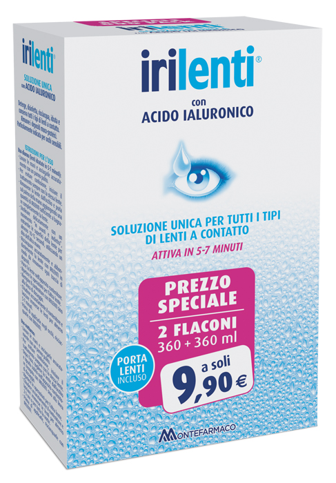 SOLUZIONE UNICA PER LENTI A CONTATTO IRILENTI CON ACIDO IALURONICO 2 FLACONI DA 360 ML + 360 ML - Farmacia Del Monaco