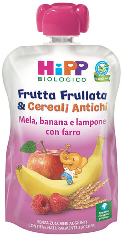 HIPP BIO FRUTTA FRULLATA&CEREALI ANTICHI MELA BANANA LAMPONE FARRO 90 G - Farmacia Del Monaco
