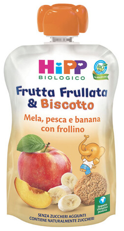 HIPP BIO FRUTTA FRULLATA &BISCOTTO MELA PESCA BANANA FROLLINO 90 G - Farmacia Del Monaco