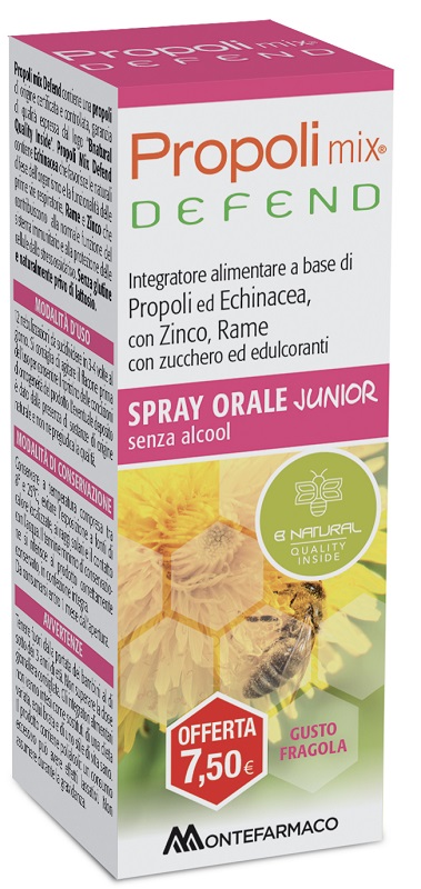 PROPOLI MIX DEFEND SPRAY ORALE JUNIOR ANALCOLICO 30 ML GUSTO FRAGOLA - Farmacia Del Monaco