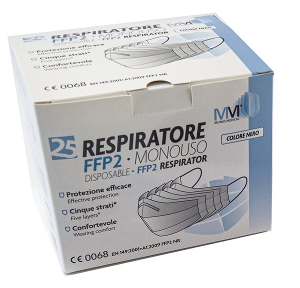 MUNUS MEDICAL RESPIRATORE FFP2 NR CLASSE III NERO 25 PEZZI - Farmacia Del Monaco