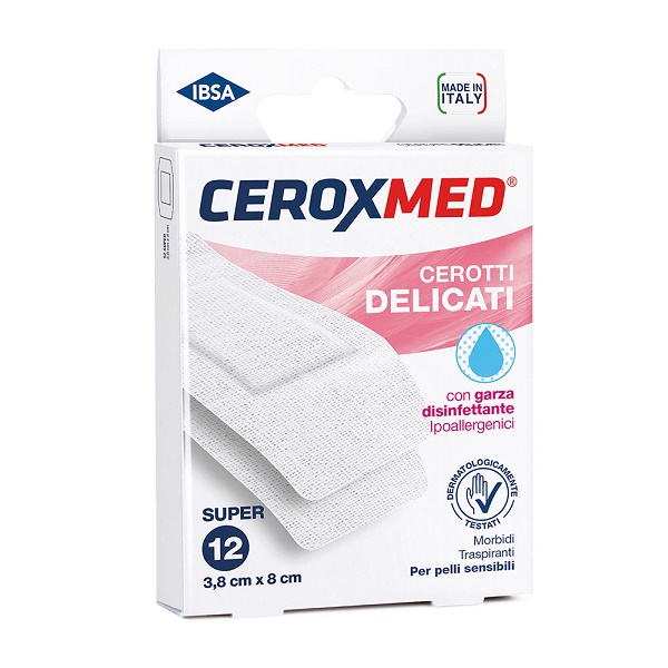 CEROTTI DELICATI CEROXMED CON GARZA DISINFETTANTE IPOALLERGENICI PER PELLI SENSIBILI SUPER 3,8X8CM 12 PEZZI - Farmacia Del Monaco