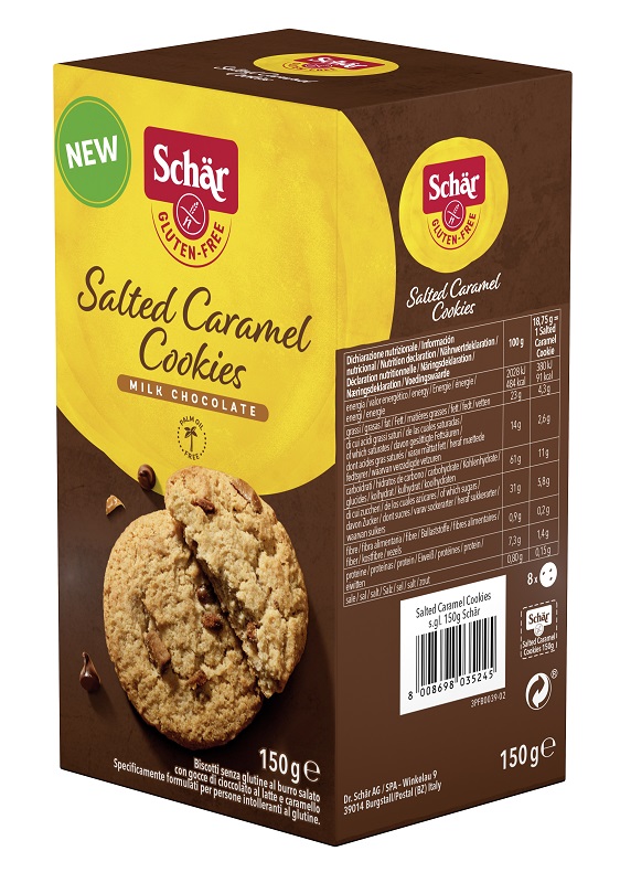 SCHAR SALTED CARAMEL COOKIES CON GOCCE DI CIOCCOLATO AL LATTE E CARAMELLO 150 G - Farmacia Del Monaco