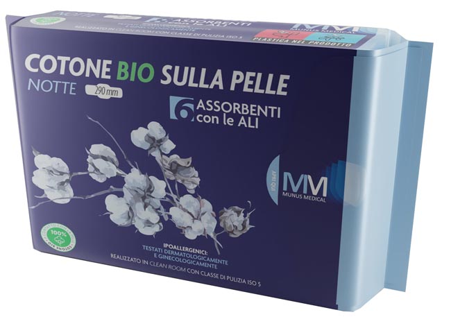 MUNUS MEDICAL ASSORBENTE NOTTE CON ALI COTONE BIO SULLA PELLE 290 MM 6 PEZZI - Farmacia Del Monaco