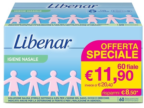 SOLUZIONE SALINA ISOTONICA 0,9% LIBENAR PER IGIENE NASALE 60 FLACONCINI MONOUSO X 5 ML - Farmacia Del Monaco