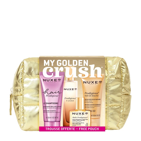 NUXE TROUSSE PRODIGIEUX 2026 1 WASH HAIR PRODIGIEUSE 30 ML + 1 HUILE PRODIGIEUSE 10 ML + 1 PRODIGEUX LE PARFUM 15 ML + 1 SHOWER GEL PROGIGEUX 30 ML - Farmacia Del Monaco